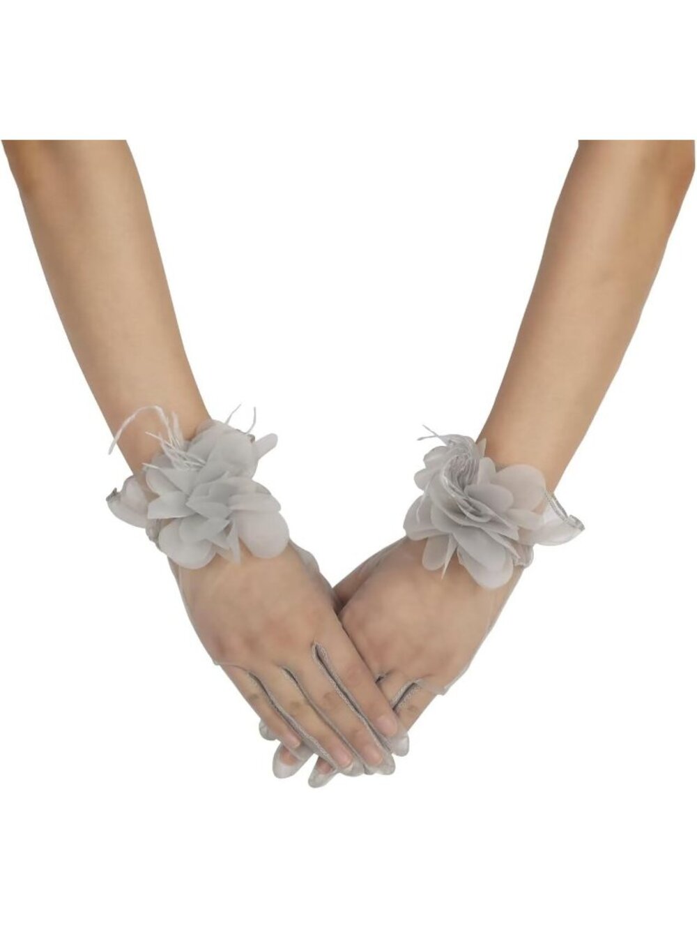 Women's Silver 100% Nylon Sheer Floral Wedding Tea Party Short Tulle Glove